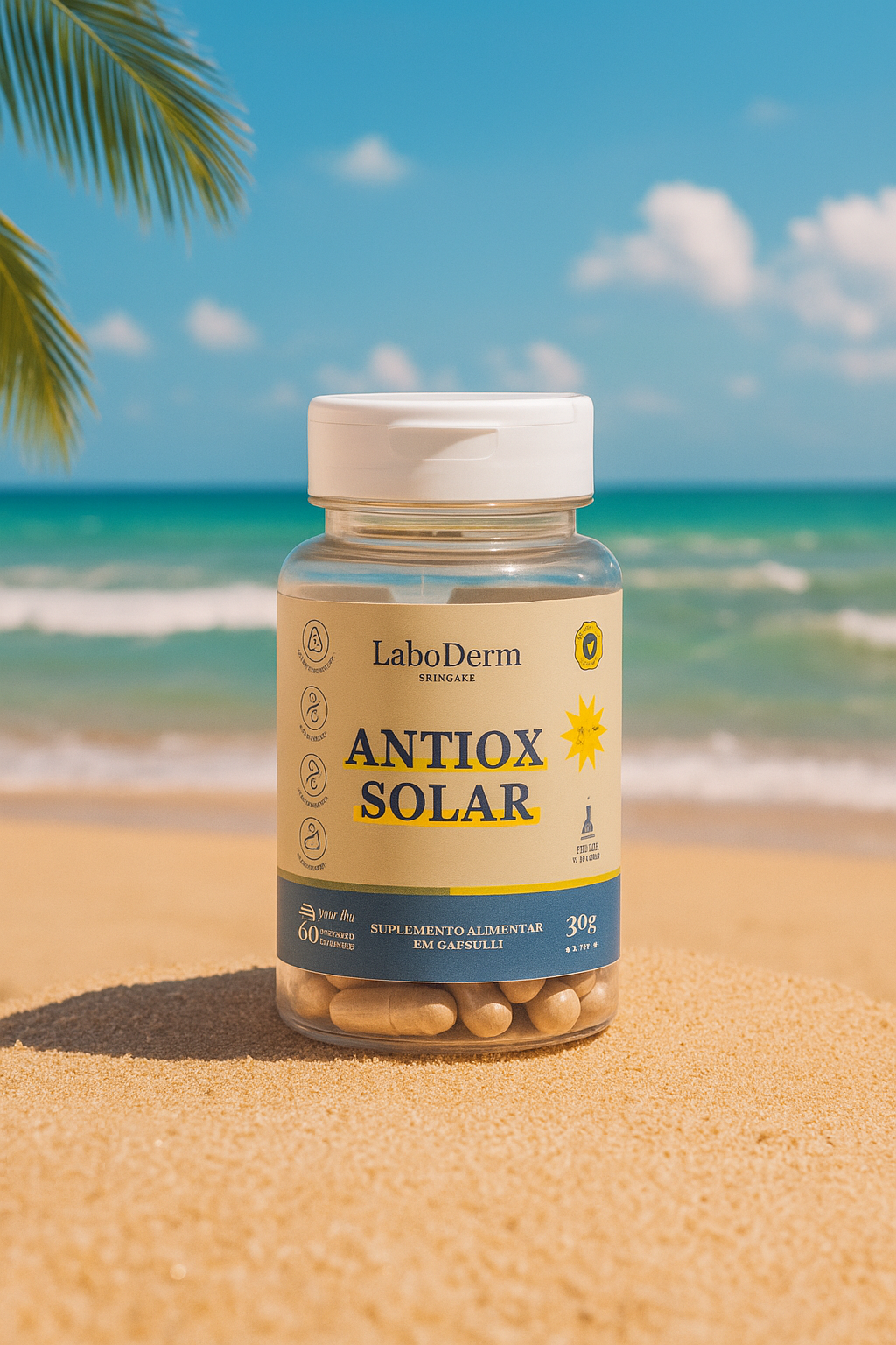 O novo ANTIOX SOLAR, Protetor Solar Oral - Com Pinus Pinaster + Ácido Hialurônico  + Vitamina K2 + Resveratrol  + 8 ativos - 60 cáps (tratamento para 2 meses)