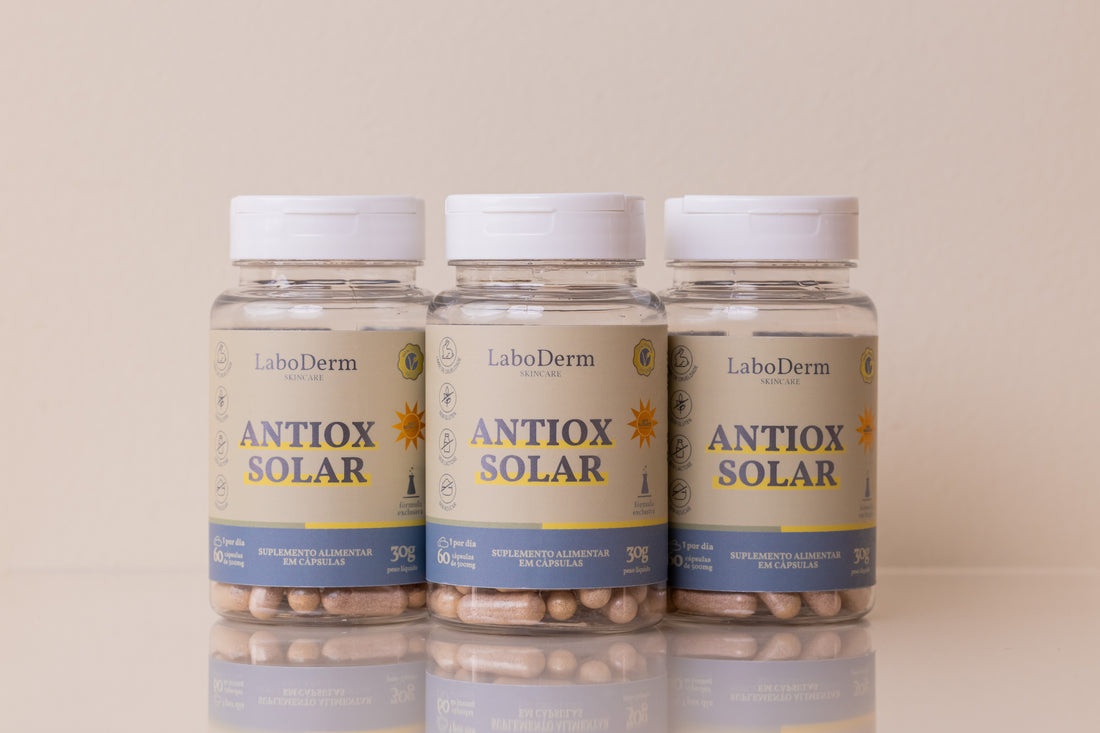 O novo ANTIOX SOLAR, Protetor Solar Oral - Com Pinus Pinaster + Ácido Hialurônico  + Vitamina K2 + Resveratrol  + 8 ativos - 180 cáps (tratamento para 8 meses) (Cópia)